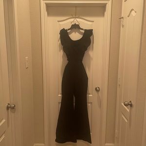 Vici Women’s Black Denim High Waist Flared with Cutout Back Jumpsuit Size Large